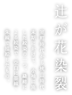 辻が花染裂 室町時代から桃山時代末期にかけて、小袖に施した絞染の一つ。縫締による絞染で、空白に墨線・朱線で描絵したもの。